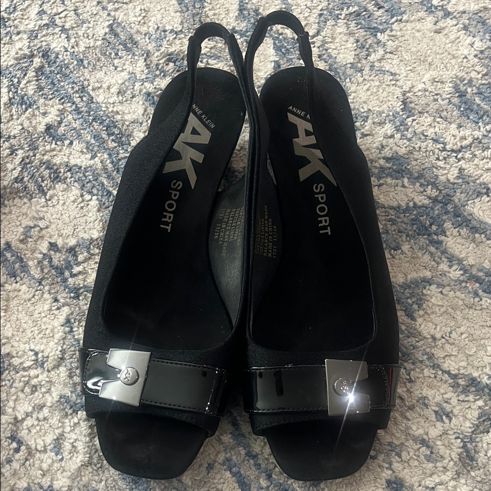 Anne Klein Black Slingback Peep-Toe Mules with Metallic Accent